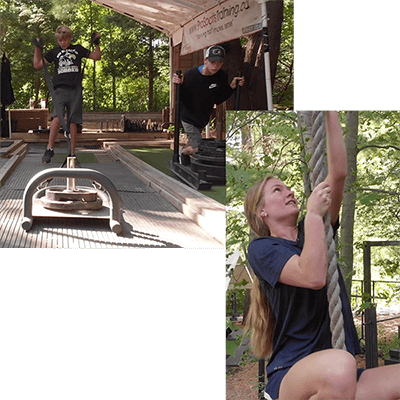 A collaged image of a two boys pushing and pulling weighted sleds, and an image of a girl climbing a rope